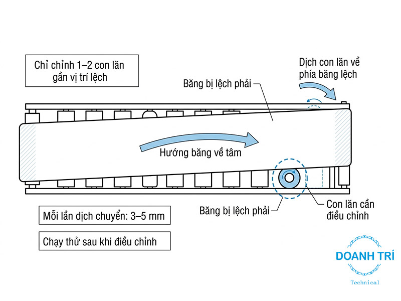 Hiệu chỉnh con lăn can thiệp vào hướng chạy của băng tải