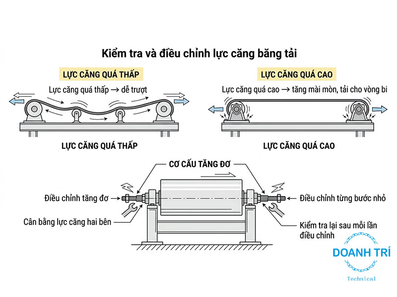Kiểm tra lực căng của băng tải sau mỗi lần chỉnh